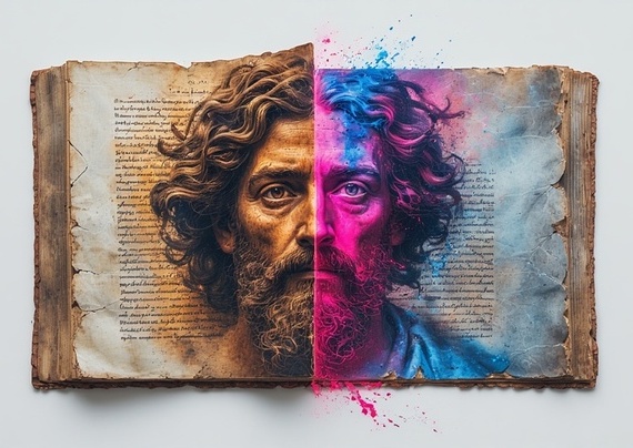 Immagine in primo piano del volto di un uomo che fuoriesce da un libro aperto.